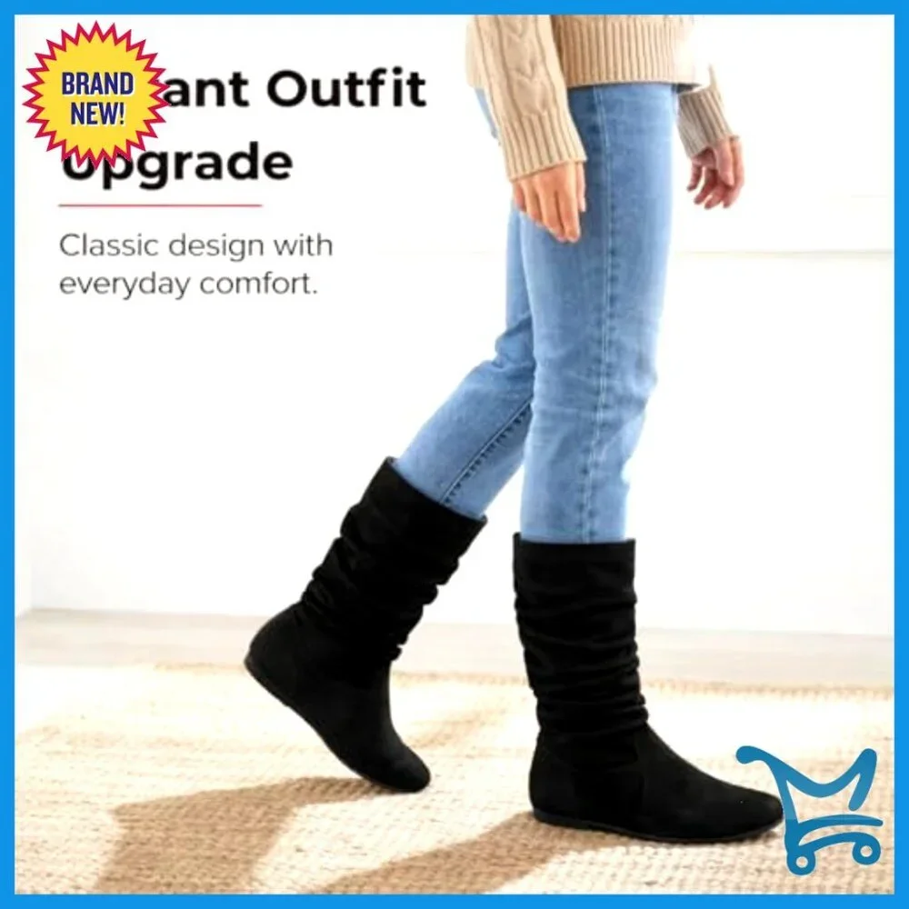Mid-Calf Boots Slouchy Flat Heel Synthetic Faux Suede Zip Closure